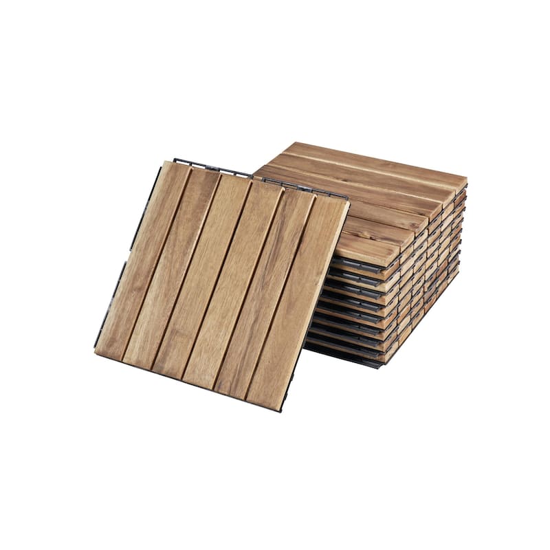 20 PCS Interlocking Deck Tiles Striped Pattern, 12" x 12" Square Yellow Acacia Hardwood Outdoor Flooring