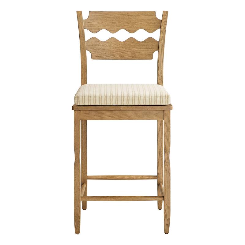 Jax Oak Wood Counter Stool With Wavy Razor Back and Cushion