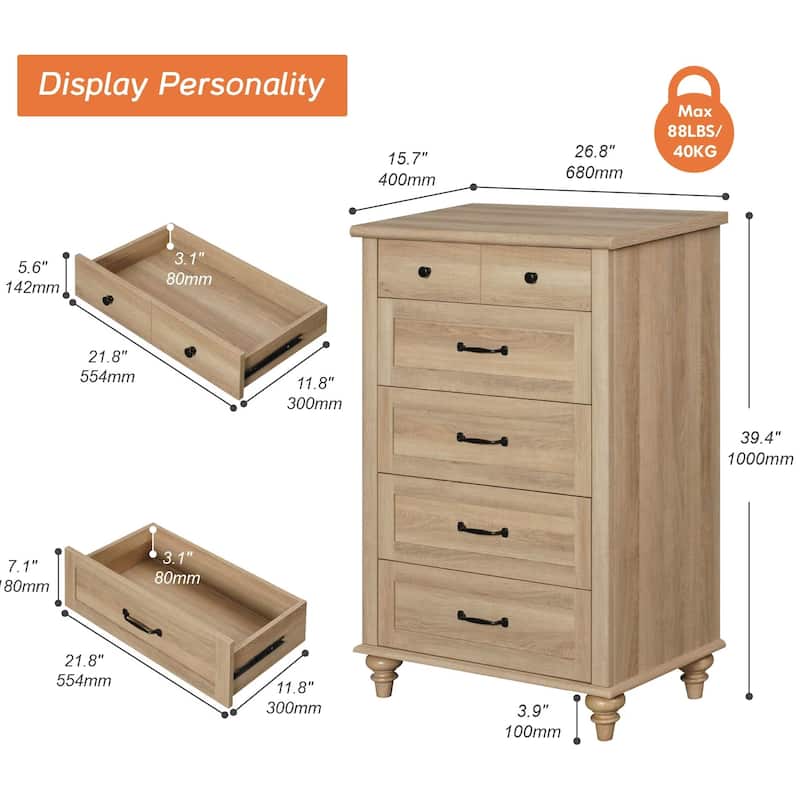 Mid Century Dresser with 5/6 Drawers, Wooden Kids Dresser for Bedroom
