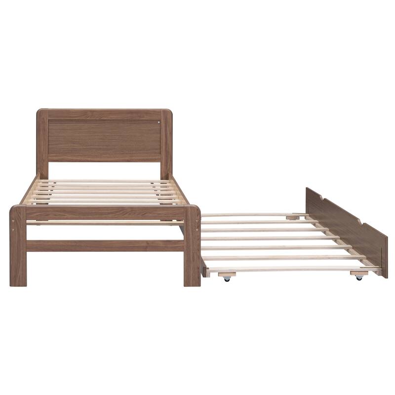 Brown Wood Twin Size Platform Bed Frame with Trundle, Rubberwood & Plywood Construction, Modern Design, Space-saving