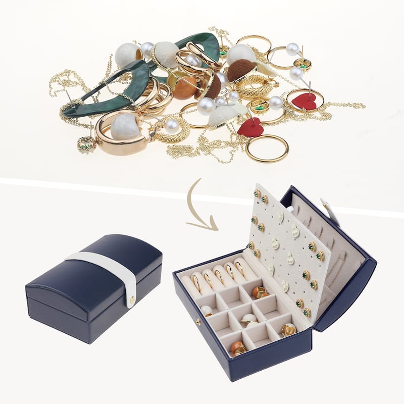 Travel Jewelry Box for Women, Small Portable PU Leather Jewelry Organizer Case Storage Display Holder - 17x9.5x6cm