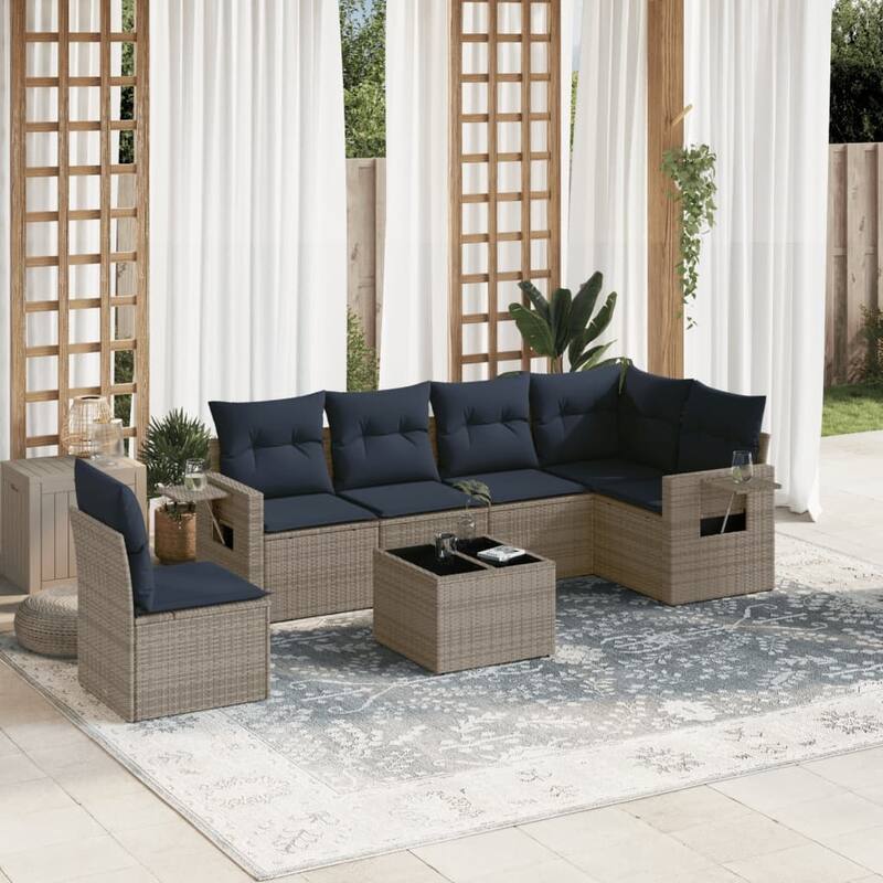 vidaXL Patio Sofa Set with Cushions Outdoor Conversation Furniture Poly Rattan - 24.4 x 24.4 x 27.2 - Grey and Blue-With table