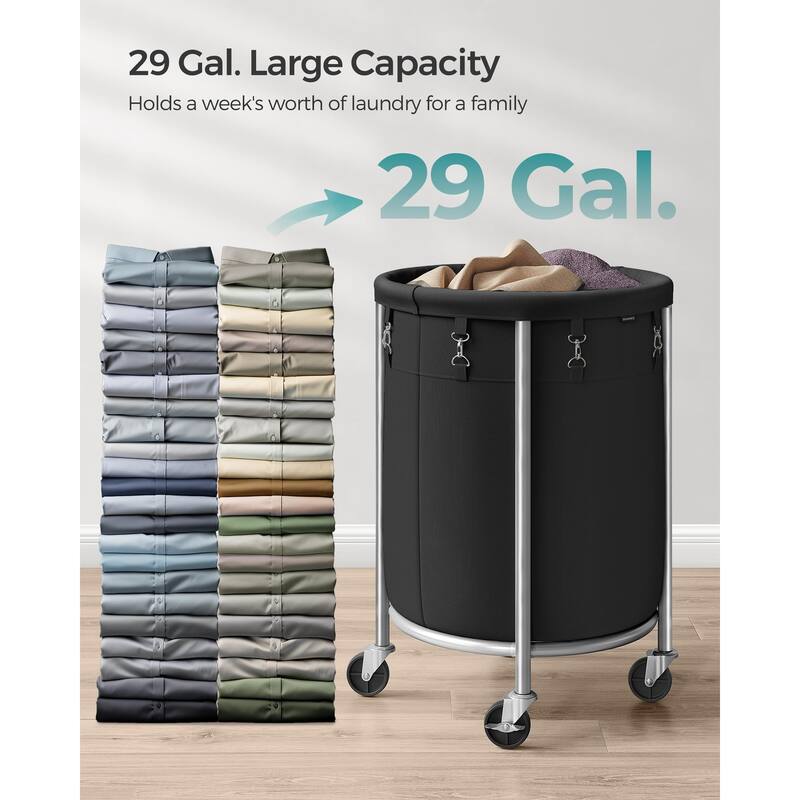 Laundry Basket with Wheels,Rolling Laundry Hamper,29 Gal,Round Laundry Cart with Steel Frame & Removable Bag 4 Casters 2 Brakes