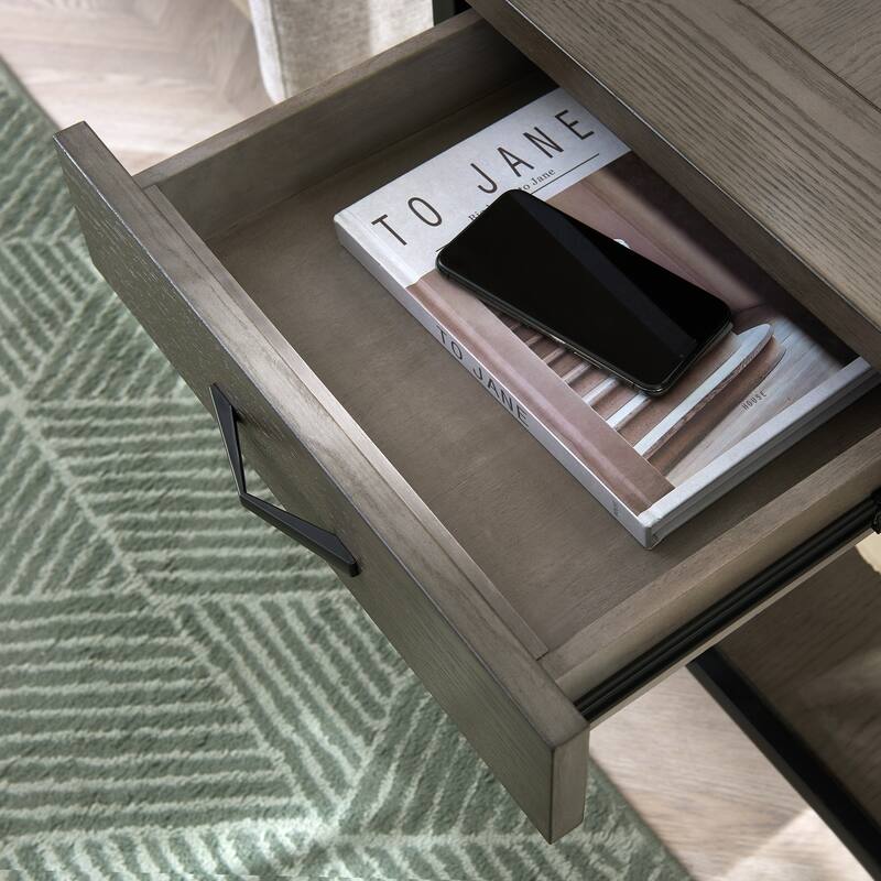 Gray/ Matte Black X Design Mixed Wood and Metal Drawer End Table