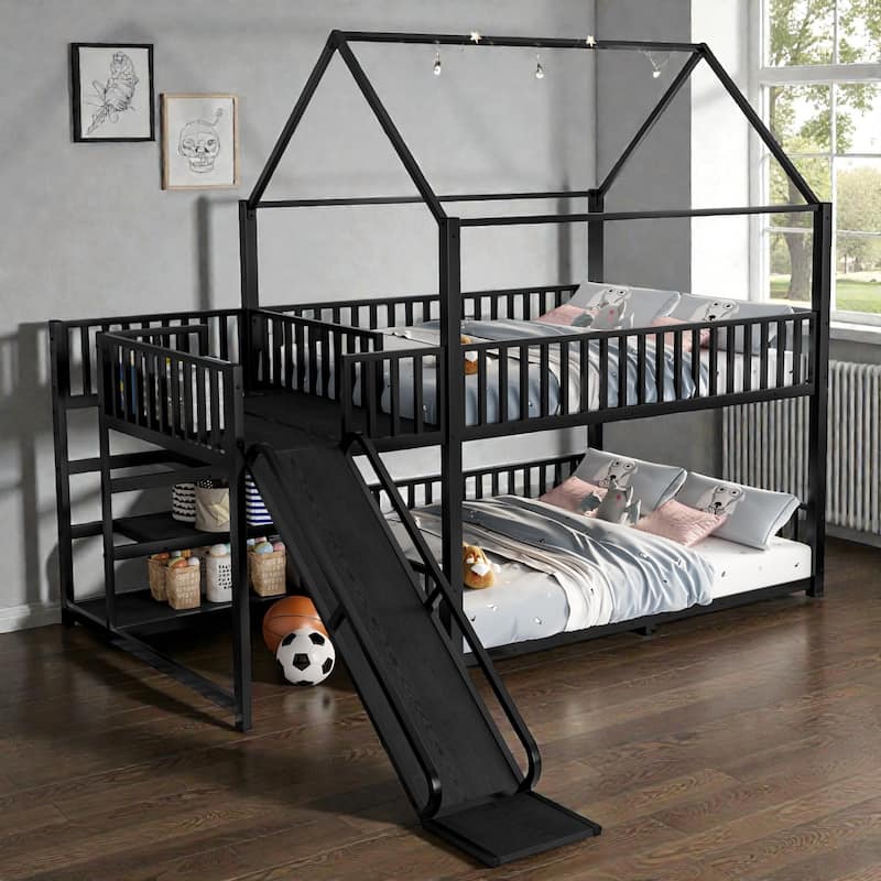 Metal House Bunk Bed with Storage Stairs and Slide, Safety Rails, Twin/Full Kids Bed Frame - Black - Full