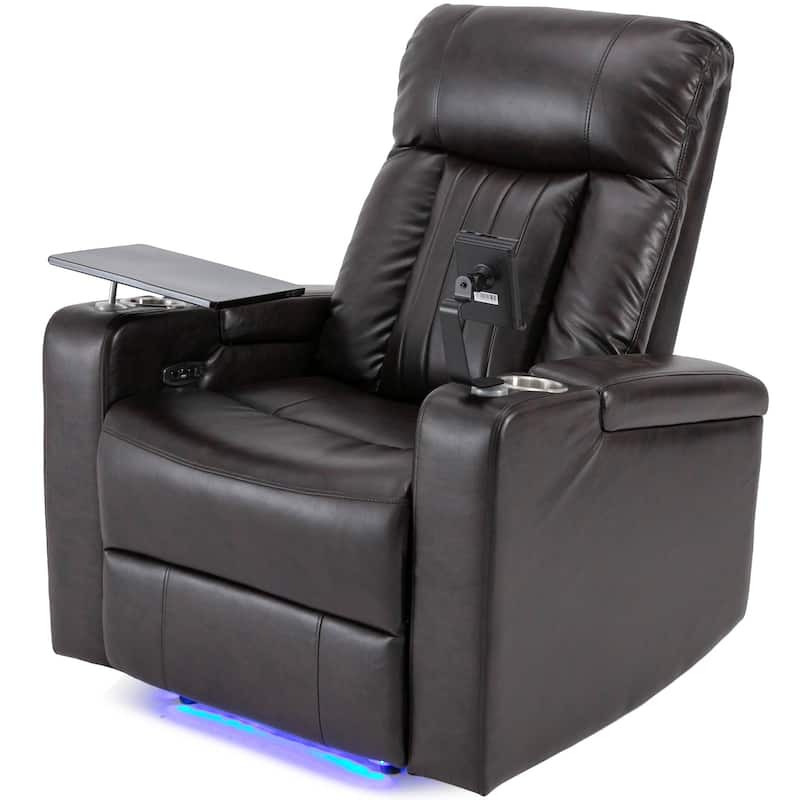 Roomfitters Power Recliner Seat with Storage Arms Cupholders Swivel Tray and Phone Stand, Brown