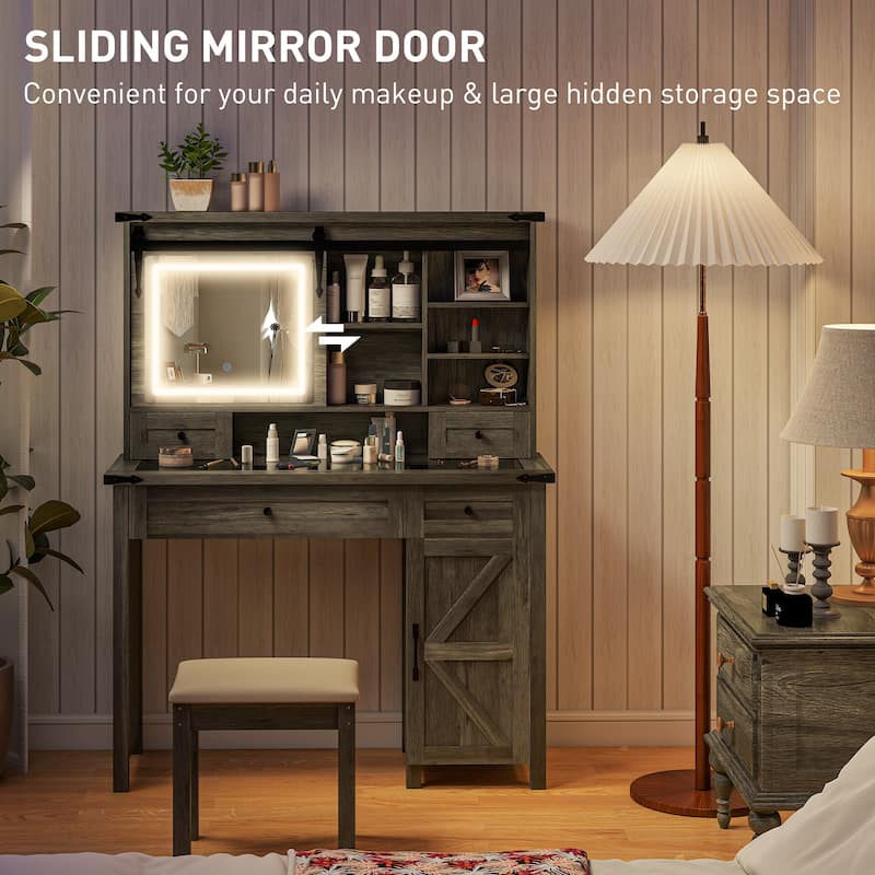 HOMCOM Vanity Desk with Mirror and Lights, 42" Glass Top Makeup Vanity Table Set with 3 Color Lighting, Shelves for Bedroom