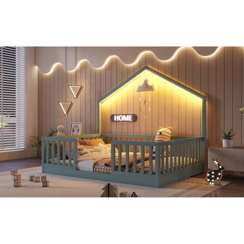 Roomfitters Twin/Full Floor Platform Bed, House Frame and LED Light with Wooden High Rails for Bedrooms or Guest Rooms