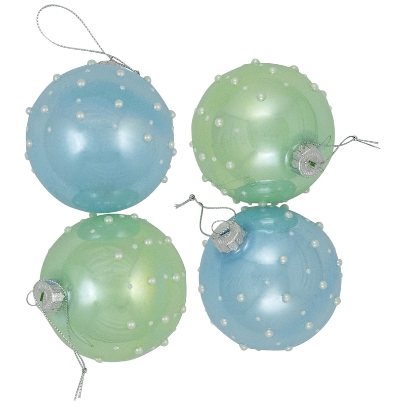 Shiny Glass Ball Christmas Ornaments with Pearl Drops - 3" (80mm) - Blue and Green - 4ct