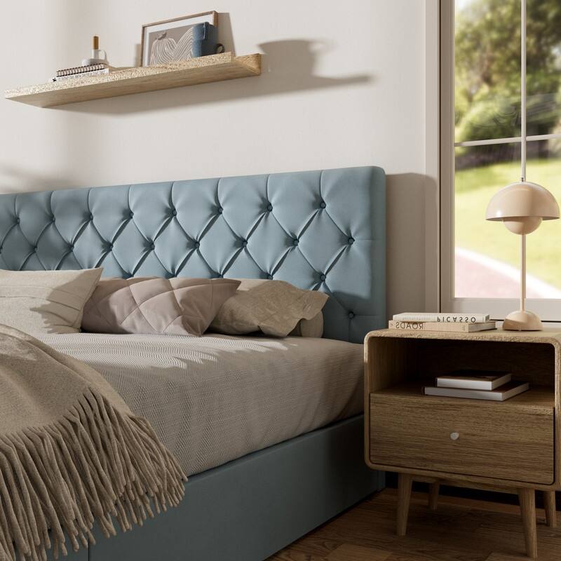 Plywood Frame Upholstered Platform Bed with Lift-up Storage Supported by Metal and Wooden Slats
