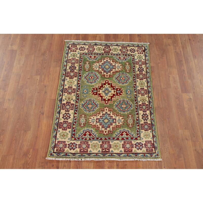 Green Kazak Accent Rug Handmade Oriental Wool Carpet - 2'8" x 3'11"