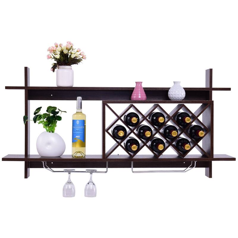 Gymax Wall Mount Wine Rack Organizer With Glass Holder & Storage Shelf