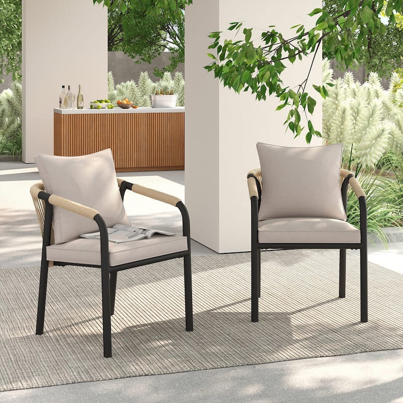 Outdoor Stackable Dining Chair Set of 2 or 4 with PE Wicker Back & Iron Frame