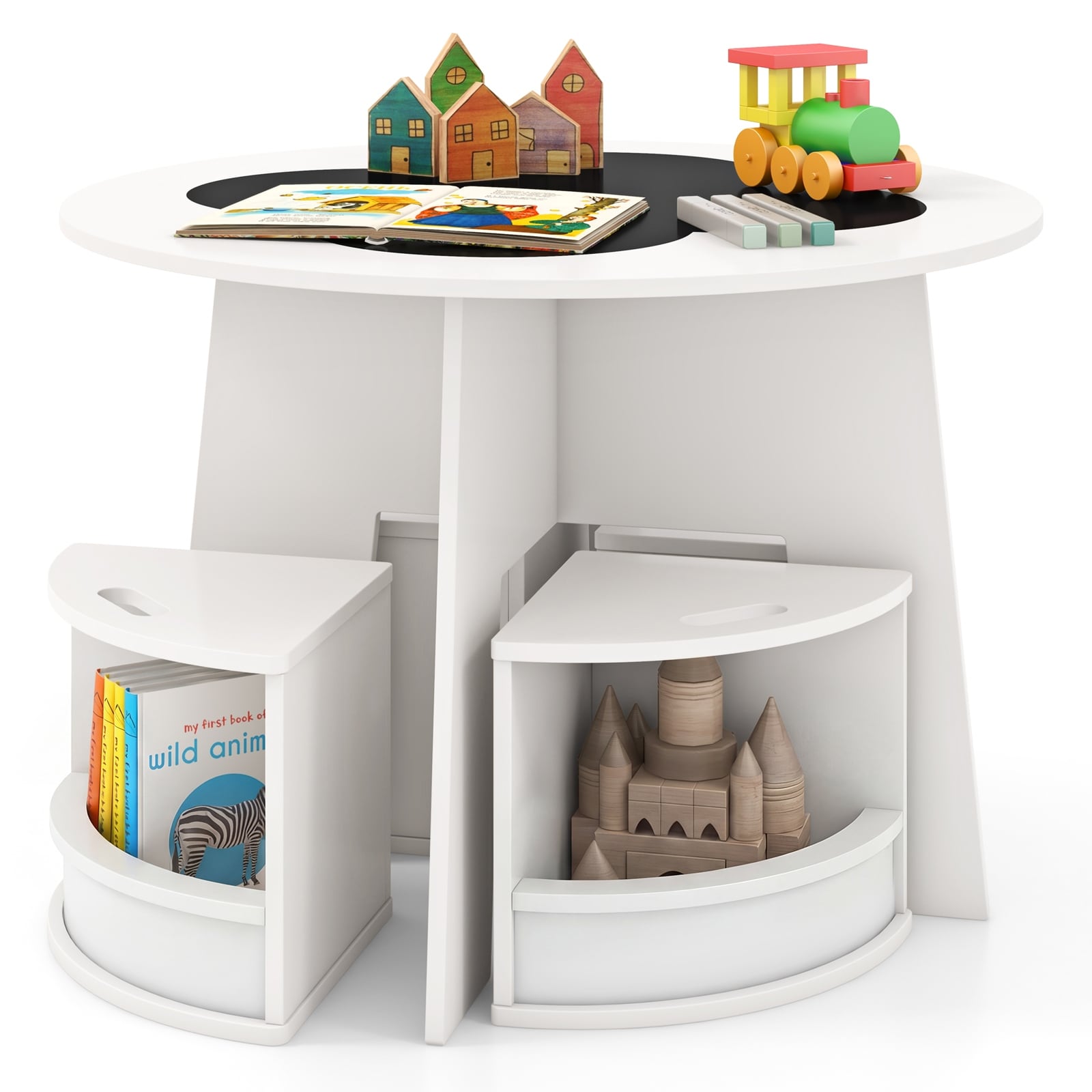 Gymax 5-PC Kids Table & Chair Set w/Writable Blackboard&Storage Stools