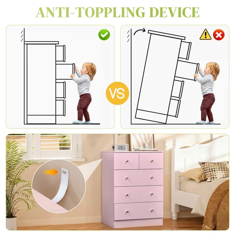 5-Drawer Dresser For Bedroom And Chest Of Drawers With Sturdy Construction Wood Storage Organizer For Closet