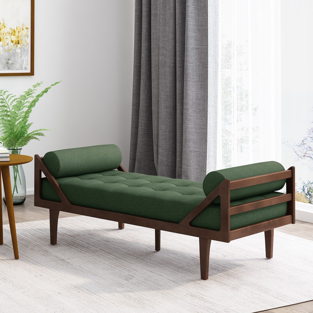 Modern 65" Button Tufted Chaise Lounge Chair with Bent Wood Desing and Rolled Accent Pillows