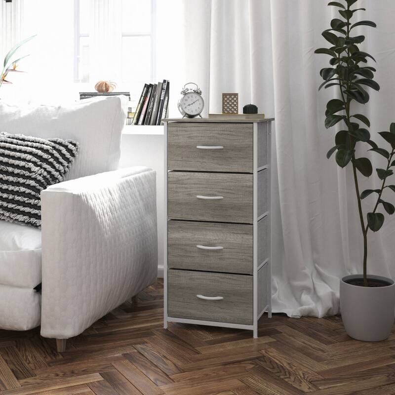 4 Drawer Vertical Storage Dresser-Wood Top & Fabric Pull Drawers - Gray Drawers/White Frame
