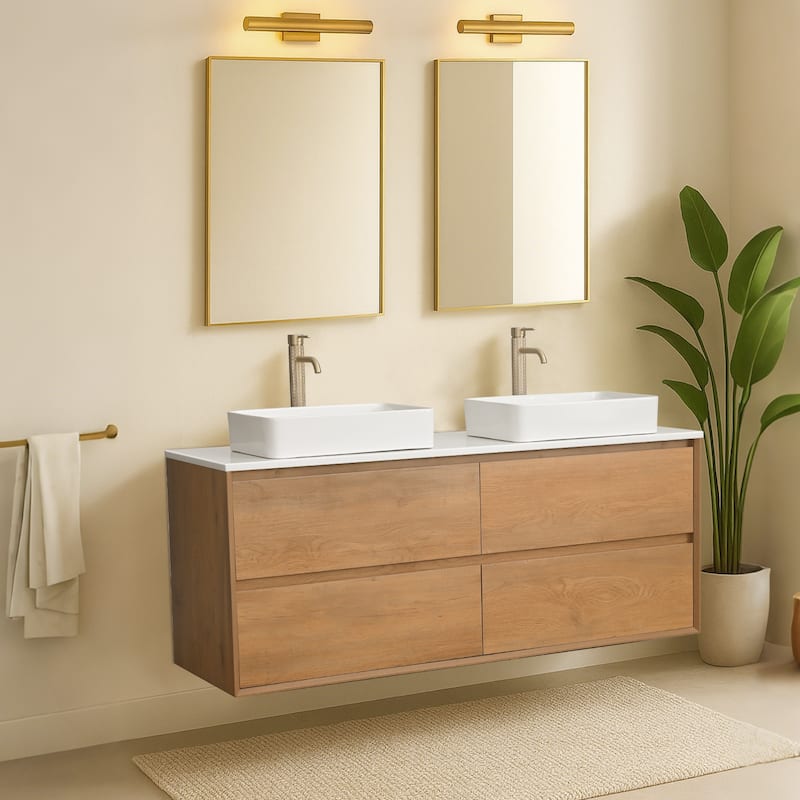 60" Floating Bathroom Vanity Quartz Counter Top with Double Ceramic Vessel Sink