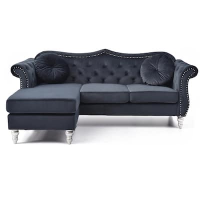 Tufted Velvet Chesterfield Sectional Sofa with Throw Pillows - 81" - Black