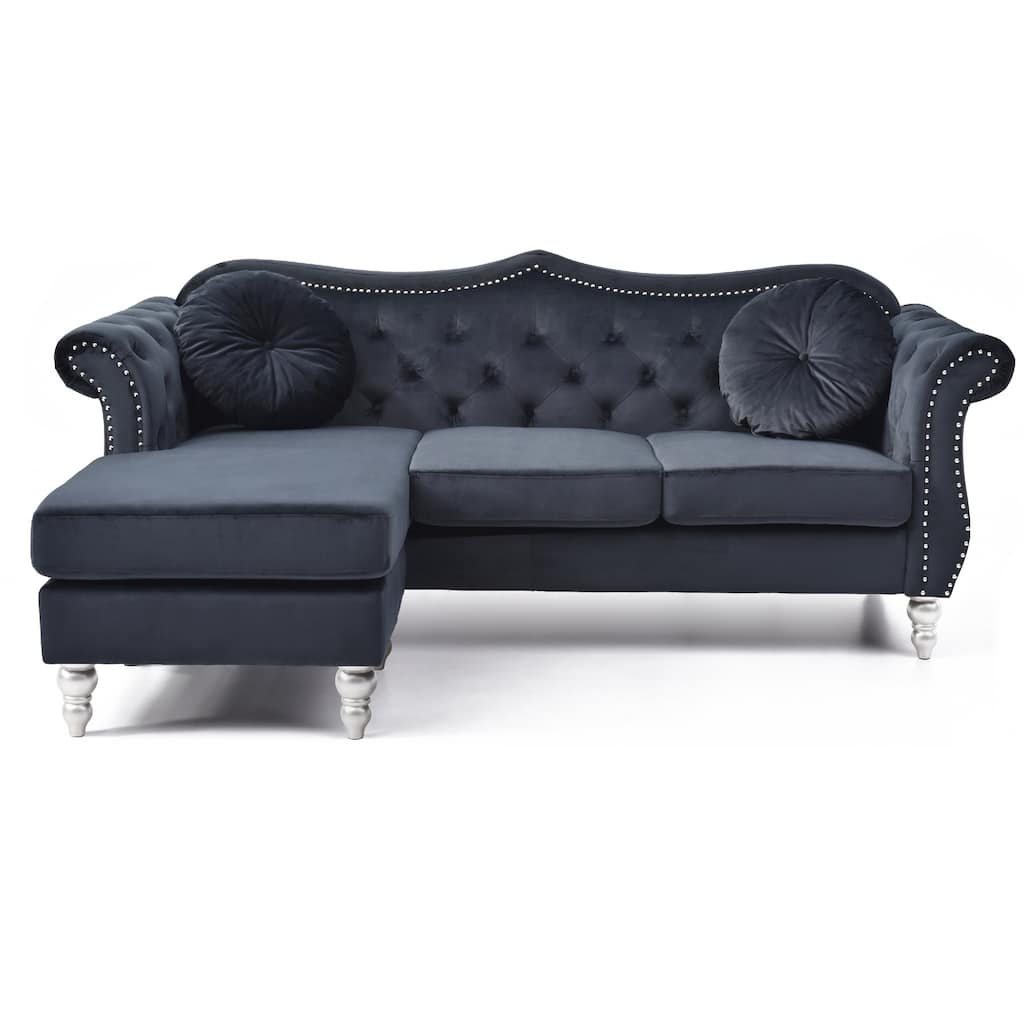 Tufted Velvet Chesterfield Sectional Sofa with Throw Pillows - 81" - Black