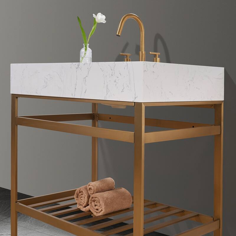 Altair Merano Stainless Steel Vanity Console with Stone Countertop and Mirror