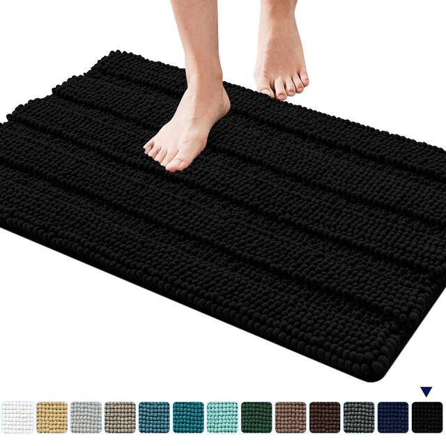 Subrtex Non-slip Bathroom Rug Chenille Soft Striped Plush Bath Mat - 16"x24"/20"x32" - Black