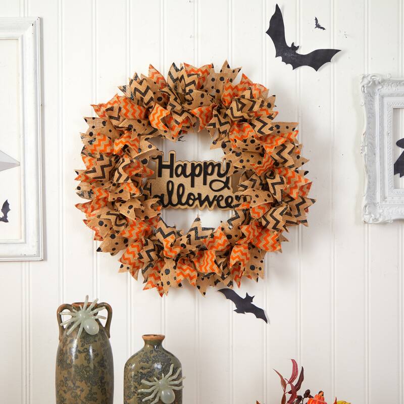 Burlap Ribbon "Happy Halloween" Artificial Wreath, 30-Inch, Unlit