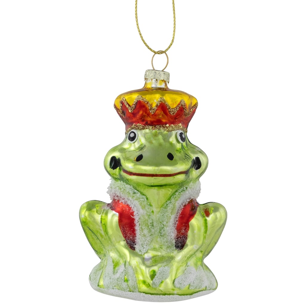 Prince Frog Glass Christmas Hanging Ornament - 3.5" - Lime Green and Red