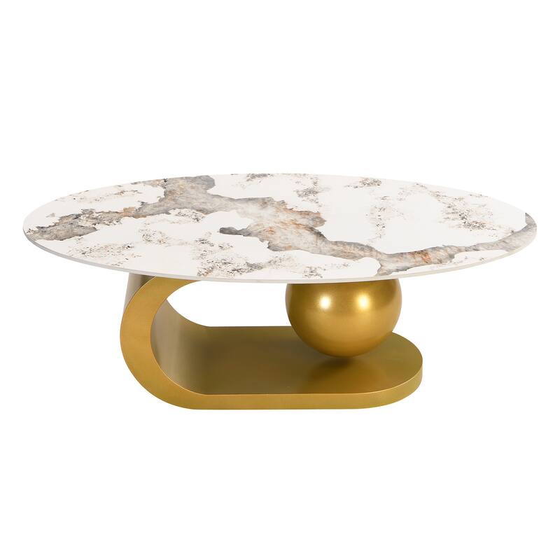 Roomfitters Modern Oval Coffee Table, Marble Pattern Sintered Stone Center Table, Luxury Living Room Accent Table Gold