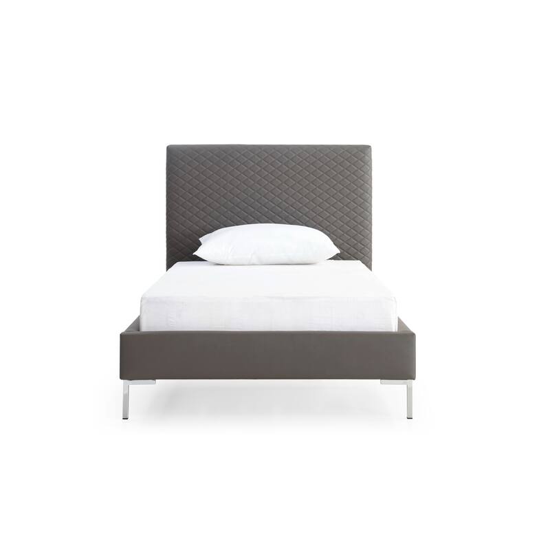 Twin Bed Frame Upholstered Dark Gray Faux Leather Chrome Legs Modern Bedroom Furniture