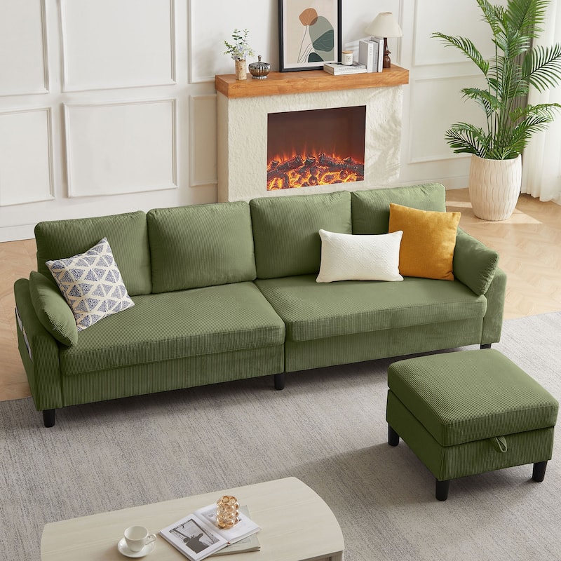 100.79" Corduroy L shaped Pillow Top Arm Sofa With Storage Bag