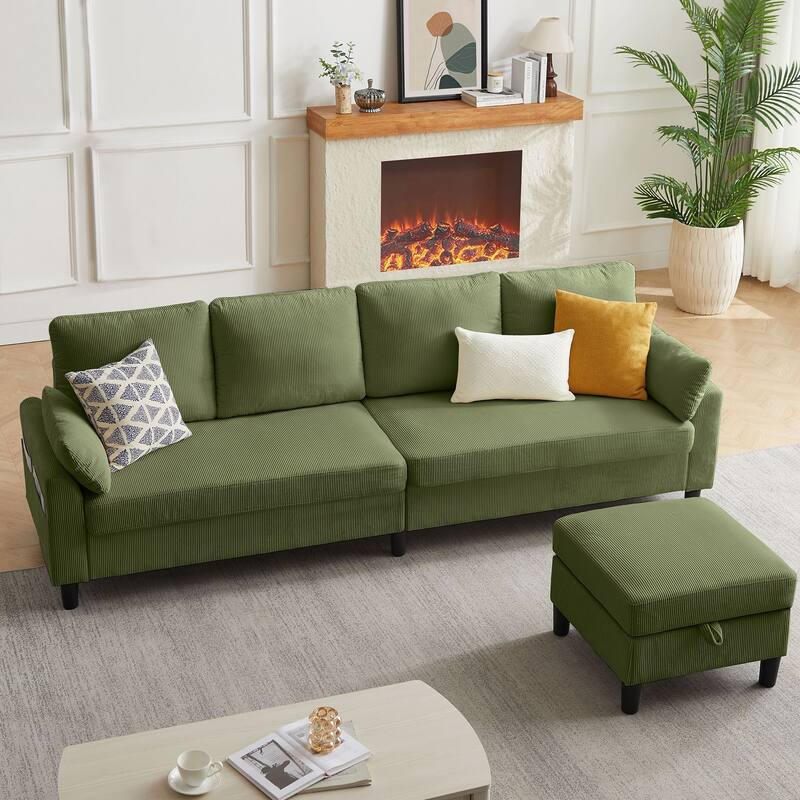 101'' Corduroy Upholstered Sectional Sofa With Storage Ottoman