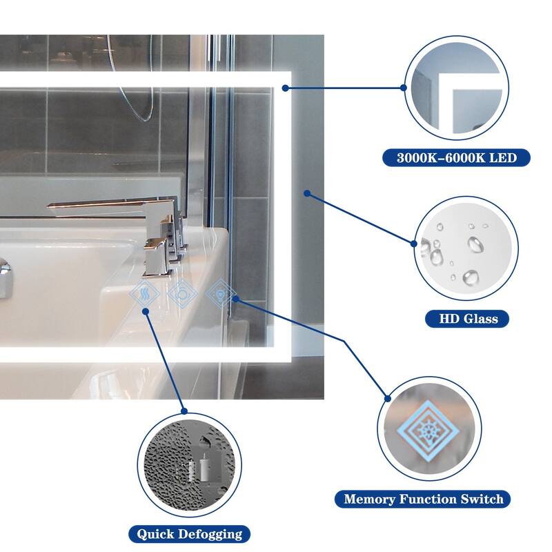 Frameless Dimmable Lighting 3000-6000K LED Anti-Fog Wall Mounted Bathroom Mirror