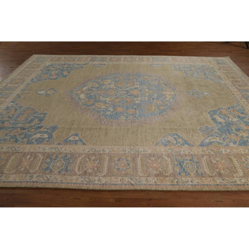 Hand Knotted Oriental 100% Wool Carpet Transitional Medallion Yellow & Gold Oushak Area Rug - 12' 1'' X 8' 10''