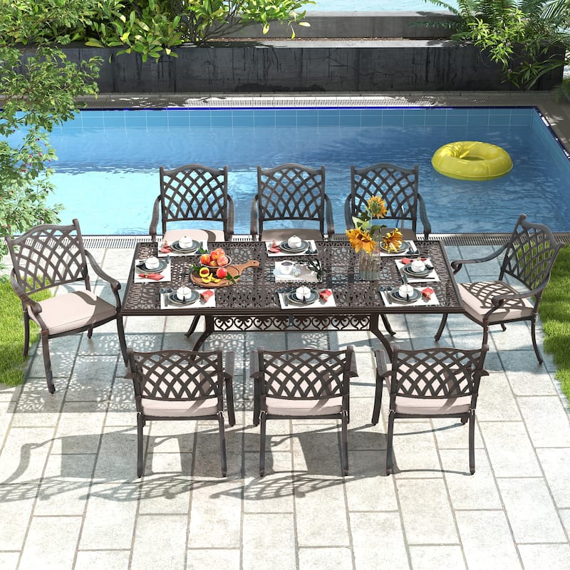 Aluminum 9-Piece Outdoor Rectangular Dining Set with Cushions & Umbrella hole