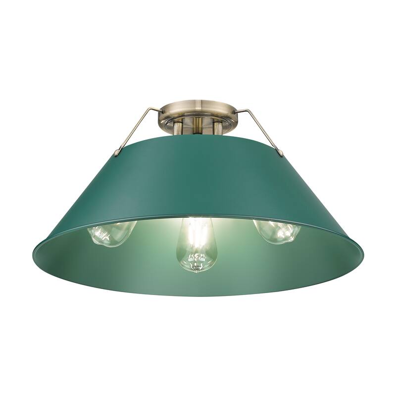 Yep by Golden Lighting Orwell 3-light Flush Mount in Aged Brass and Pine Green shade