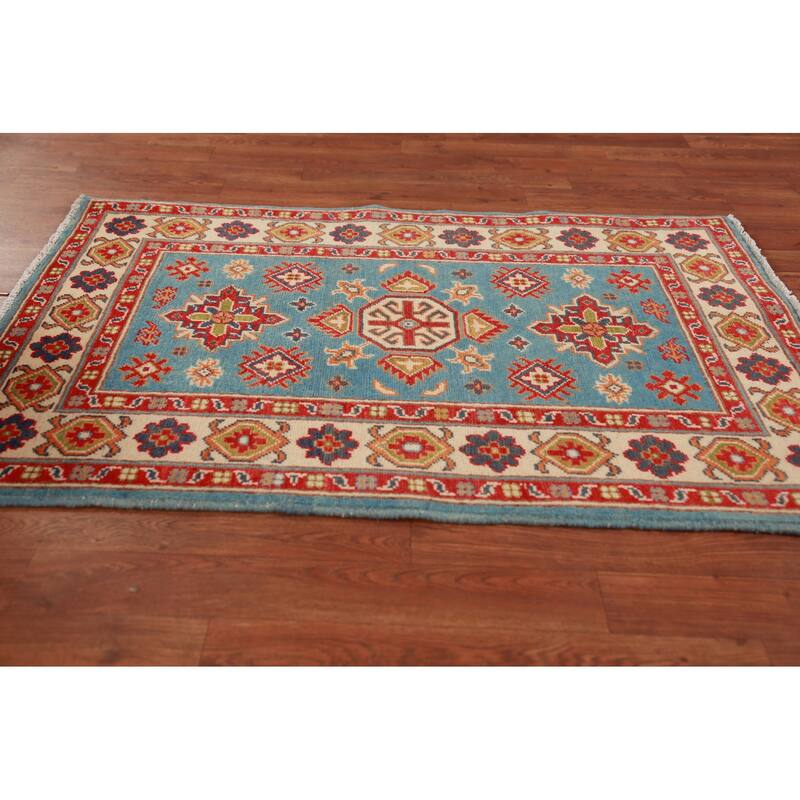 Light Blue Kazak Foyer Rug Handmade Traditional Accent Wool Carpet - 2'9"x 3'11"