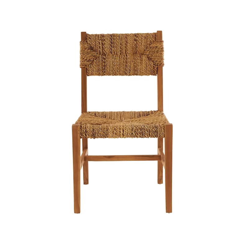 Light Brown Teak Wood Handmade Living Room Accent Chair with Woven Banana Leaf Seat (Set of 2)