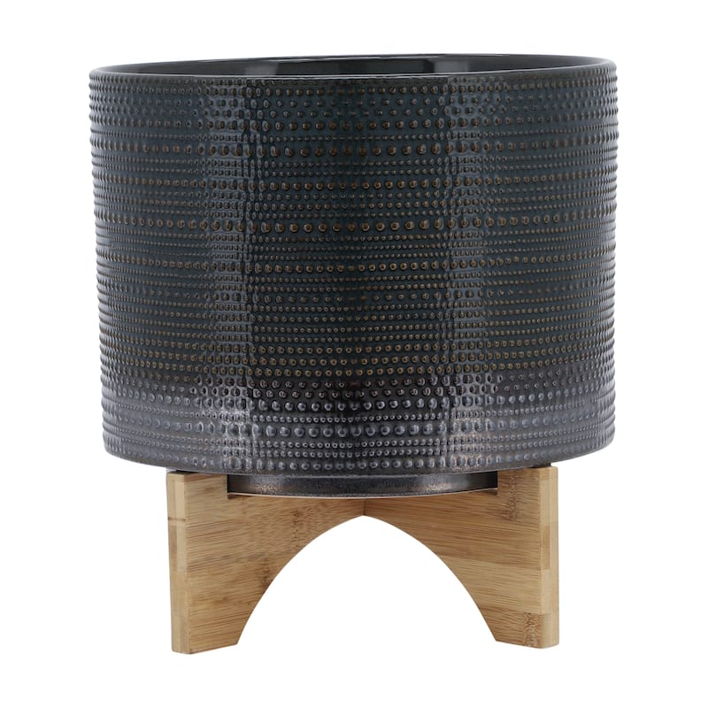 Sagebrook Home Ceramic Planter with Natural Wood Stand