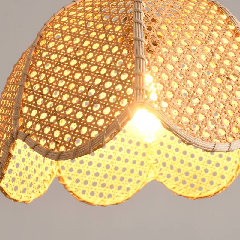1-Light Farmhouse Flower Shaped Brown Hand-Woven Natural Rattan Hanging Pendant Light - 15.7" W x 55" H