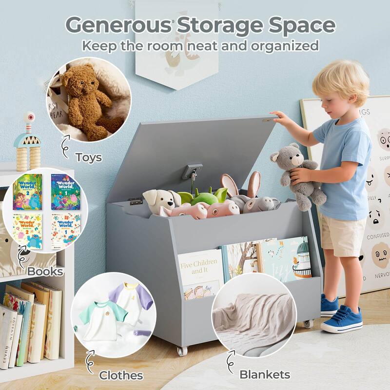 Costway Kids Toy Box Wooden Mobile Toy Storage Organizer with - See Details