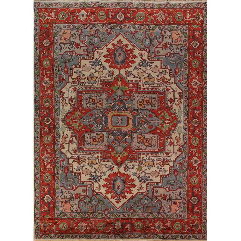 Medallion Heriz Serapi Indian Area Rug Hand-Knotted Wool Carpet - 8'11"x 11'9"
