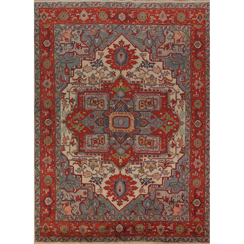 Medallion Heriz Serapi Indian Area Rug Hand-Knotted Wool Carpet - 8'11"x 11'9"