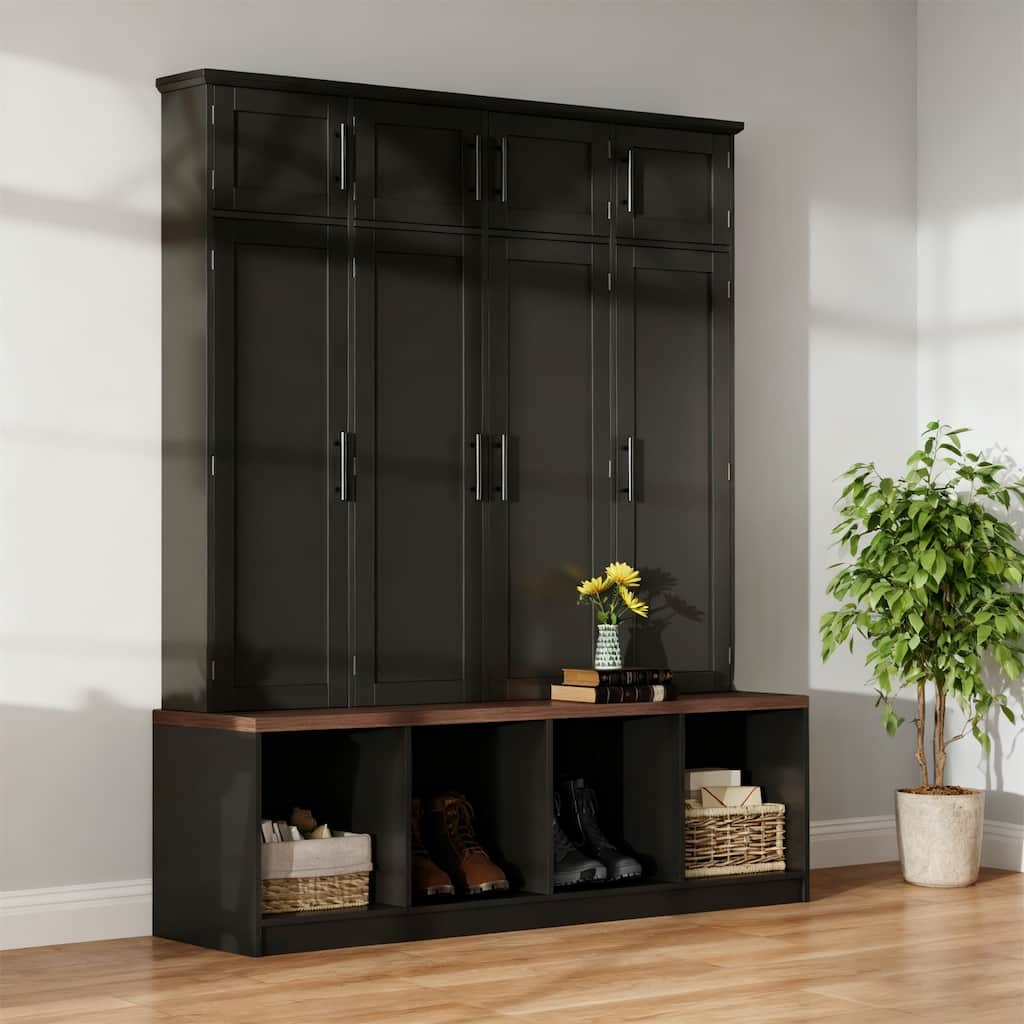 8-Door Shoe Cabinet Hall Tree with 4 Hidden Hooks & Open Compartment