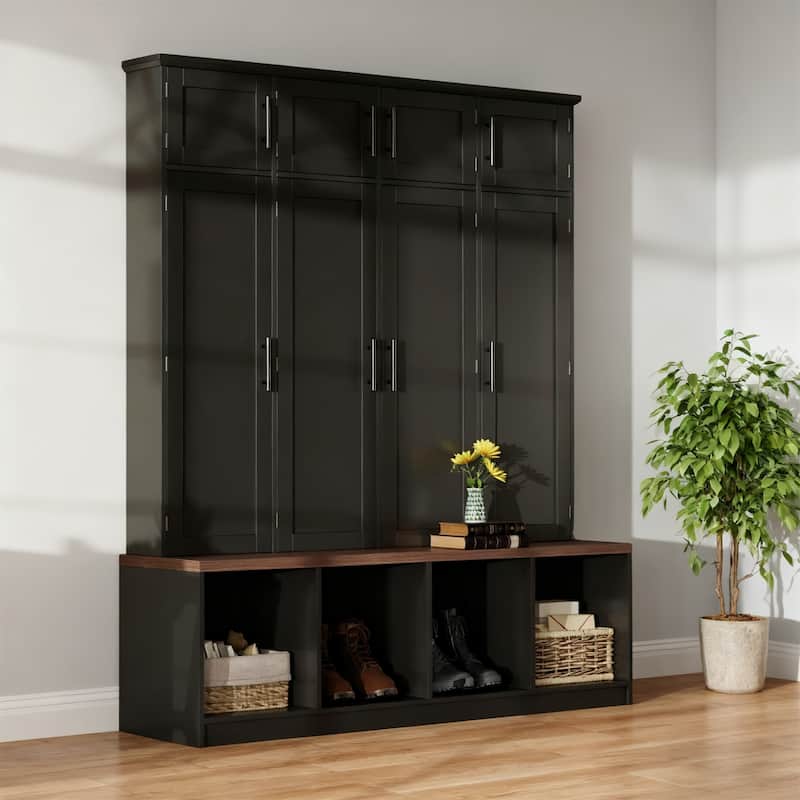 8-Door Shoe Cabinet Hall Tree with 4 Hidden Hooks & Open Compartment