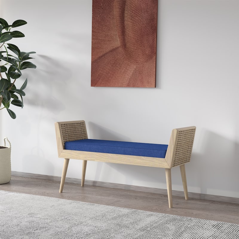 Aderyn Mid-Century Padded Bench with Raised Rattan Arms