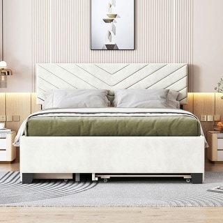 Upholstered Bed Queen Size Platform Bed with Sleek Chevron Headboard, Pullout Trundle Bed and 2 Drawers, Flannel