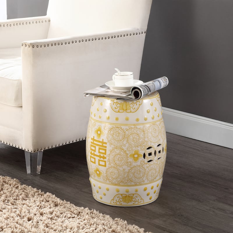 Double Happiness 18" Chinoiserie Ceramic Drum Garden Stool, Blue/White