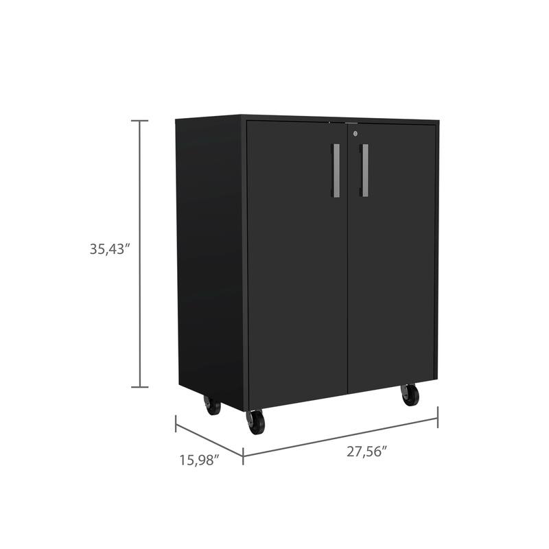 Storage Cabinet, Casters, Double Door, Two Interior Shelves - Black