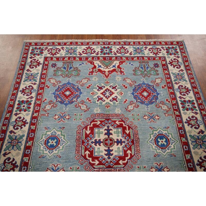 Blue Geometric Kazak Oriental Area Rug Hand-Knotted Wool Carpet - 5'0" x 6'6"